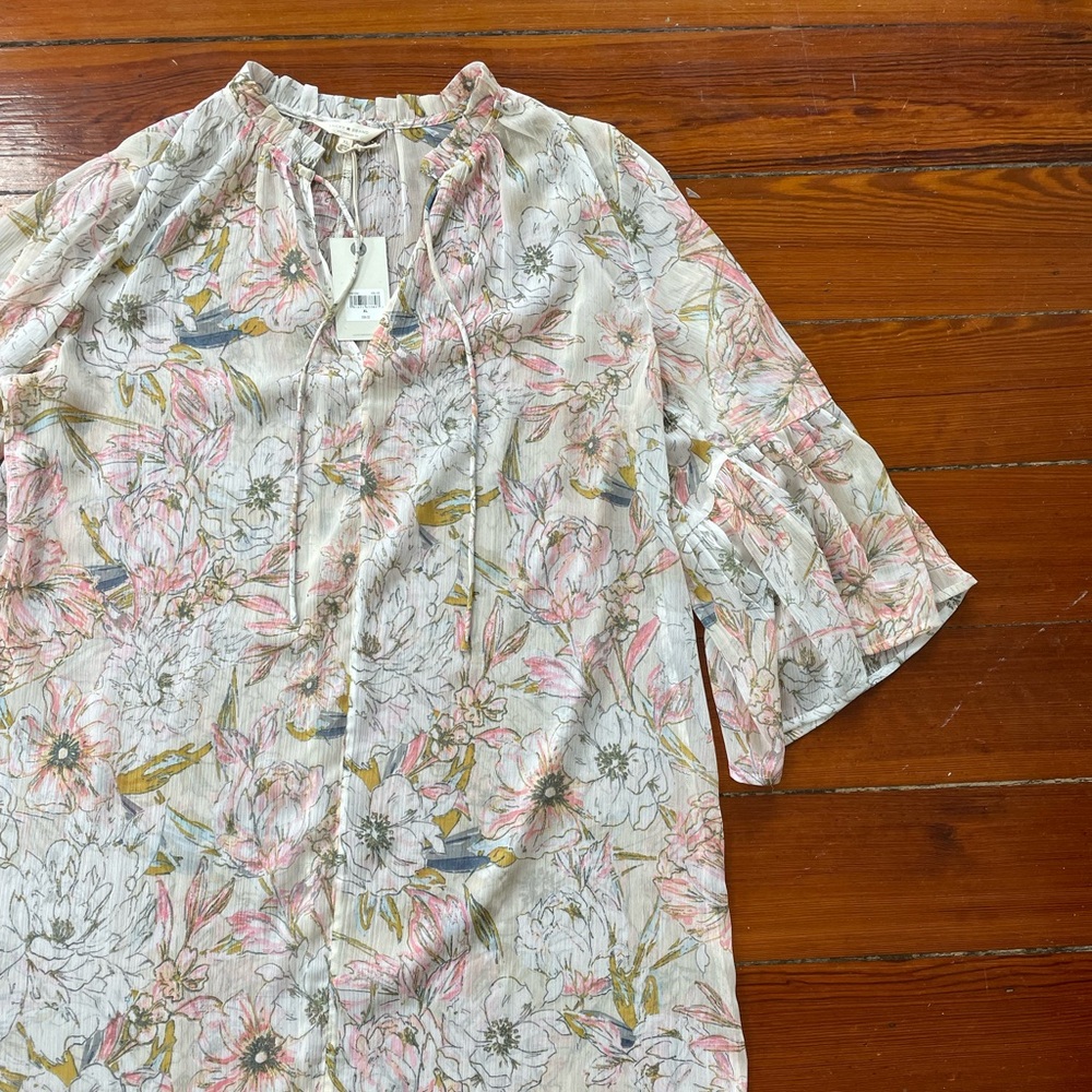 Lucky Brand Sheer Floral Cover Up Tunic Dress XL Ruffle Sleeve Boho Beach 💚🎀 - Picture 8 of 9